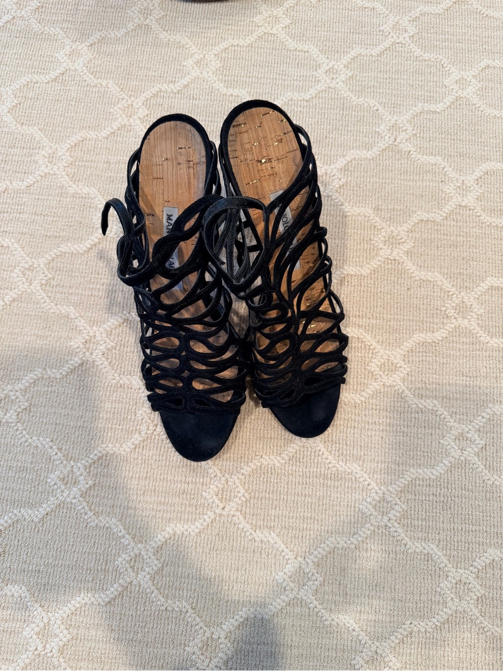 Manolo Blahnik Black Suede Cutout Strappy High Heels